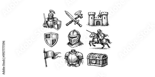 Collection of medieval knight and castle illustrations in a sketchy, hand-drawn style