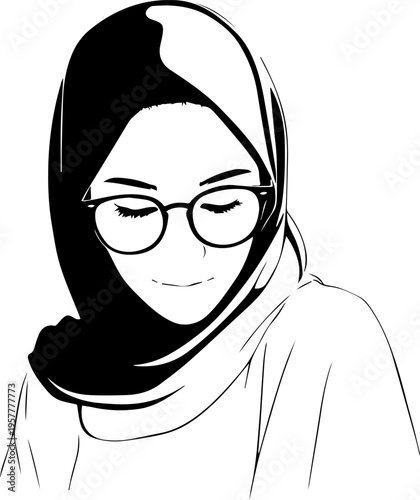 Hand Drawn Woman Wearing Hijab Black and White Avatar Illustration in Minimal Solid Art Style Design