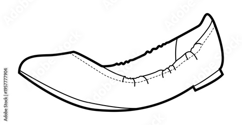 Pointed ballet flat shoe women single line. Ruched edge pointed toe footwear for office commute relaxed day. Technical fashion illustration CAD mockup clean vector man unisex isolated modern style.