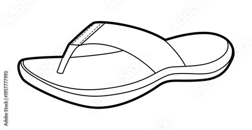 Flip flop sandal shoe women single line. Curved sole comfort thong for spa pool vacation wear. Technical fashion illustration CAD mockup clean vector man unisex isolated modern style.
