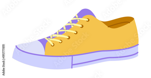 Low top canvas sneakers shoe flat. Fresh colorful footwear for festival, travel, warm season wardrobe for man woman unisex. Technical fashion illustration, CAD mockup, vector isolated trendy style.