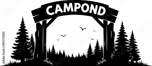 Black vector illustration of campground entrance sign with trees and birds
