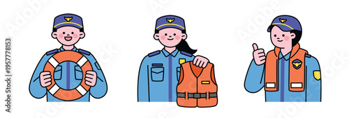 The Coast Guard is explaining the tubes and life jackets. Cute character with a round face. Upper body illustration.
