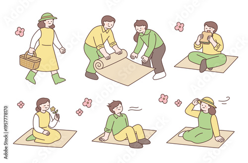 People are sitting on mats having a spring picnic. Cute character with a round face. Upper body illustration.