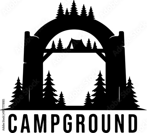 Black vector campground entrance icon with trees