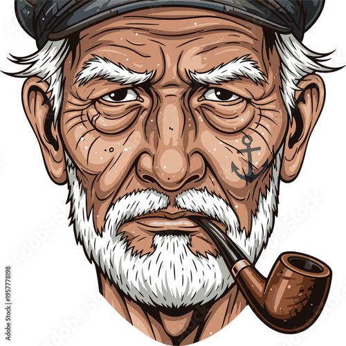Old Sailor Portrait with Pipe Vector Illustration Weathered Sea Captain Face Vintage Maritime Character Head for Mascot Logo Tattoo Sticker and Graphic Design