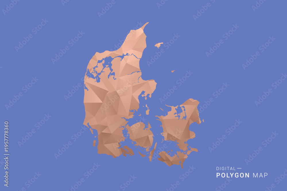 Obraz premium Denmark Map - Orange Polygon Vector Illustration on Deep Blue Background, Low Poly Geometric Design, Modern Abstract Country Silhouette for Infographics and Presentation Use.