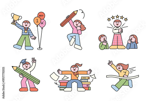 Students with good grades are posing happily while holding various items. Cute character with a round face, featuring a design and geometric shape.