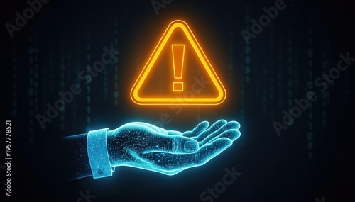 Warning Symbol in Hand: A digitally rendered hand cradles a glowing orange warning sign, symbolizing caution and awareness of potential risks within a virtual realm.