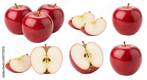 Fresh red apples and apple slices on a transparent background