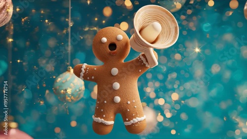 3D Gingerbread Man with Megaphone Surrounded by Christmas Ornaments
