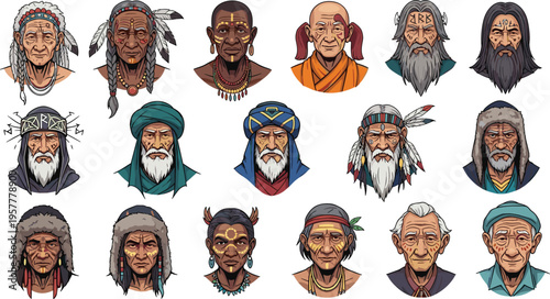 Global Elderly Men Portrait Vector Set Diverse Senior Male Faces Collection with Tribal Monk Nomad and Cultural Characters for Heritage Education Avatar Design