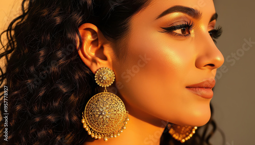 Golden Earrings & Radiant Beauty: Close-up profile of a woman with captivating golden earrings, her face illuminated in soft light, highlighting her graceful features and elegant style.