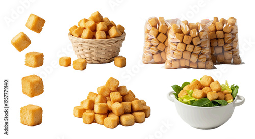 Croutons in various presentations on a for culinary use on a transparent background