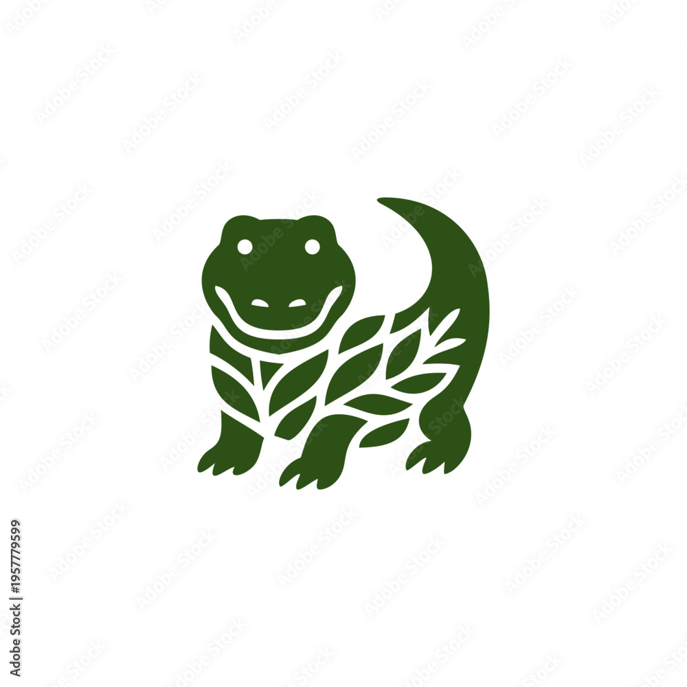 Fototapeta premium Stylized green crocodile illustration with leaf pattern elements, combining wildlife and nature themes