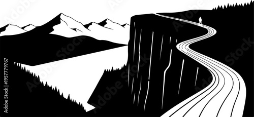 Black and white vector illustration of winding road through mountains