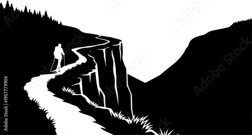 Vector illustration of a hiker on a cliffside path