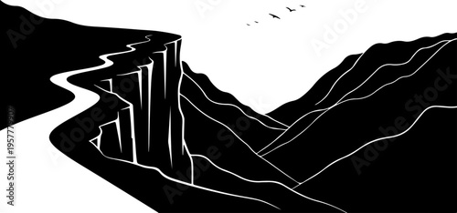 Vector illustration of a cliffside landscape with river