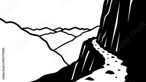 Vector mountain landscape silhouette, black and white illustration