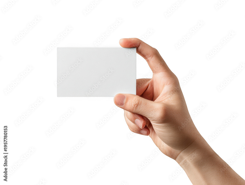 Obraz premium A hand holding a blank white business card isolated on transparent background