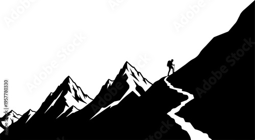 Vector silhouette of a person hiking on a mountain range