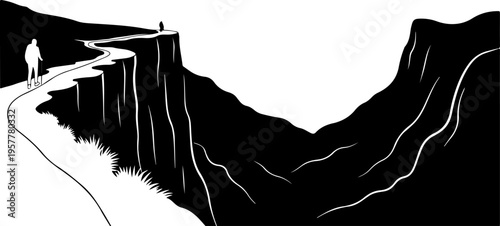 Vector illustration of a person standing on a cliff edge in black and white