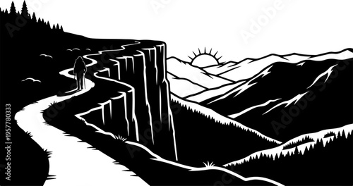Black and white vector landscape with mountain cliff and river