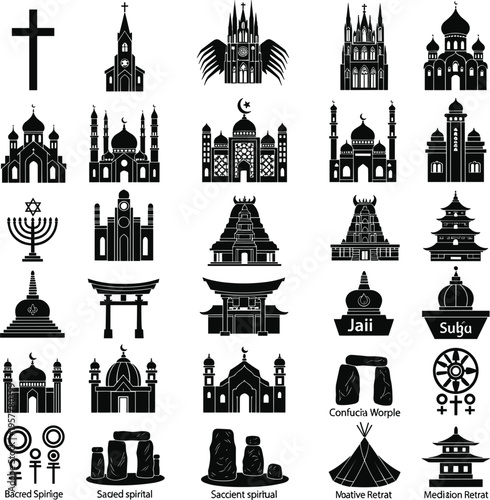 Religion and Sacred Architecture Icon Set with Churches, Mosques, Temples, Symbols, and Spiritual Landmarks for Culture and Faith Designs