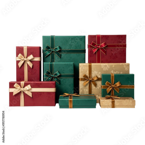 Assortment of festive gift boxes with ribbons
