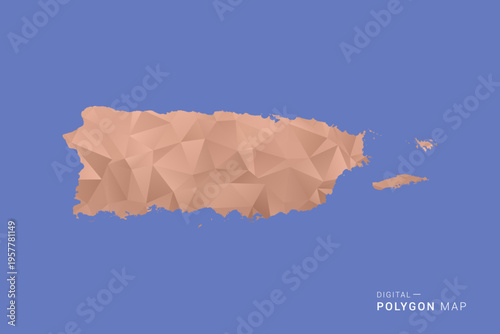 Puerto Rico Map - Orange Polygon Vector Illustration on Deep Blue Background, Low Poly Geometric Design, Modern Abstract Country Silhouette for Infographics and Presentation Use.