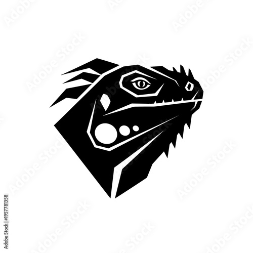 Black and white dragon head logo.