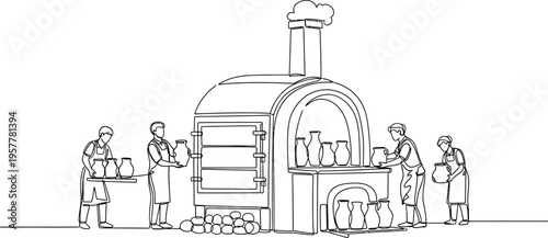 medieval people working around old bakery oven