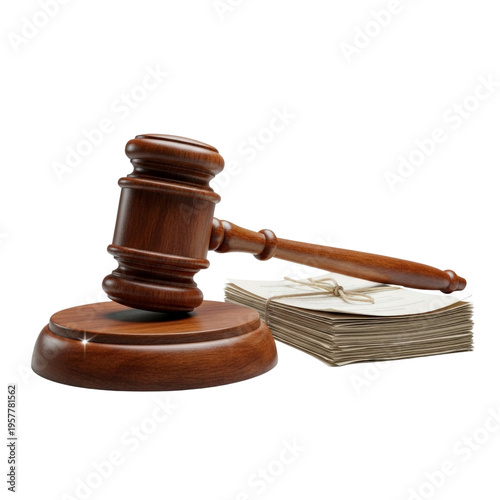 Wooden gavel and stack of papers
