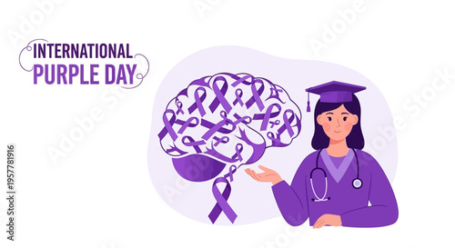 Illustration of a female doctor in purple attire presenting a purple brain awareness ribbon for International Purple Day, symbolizing epilepsy support and neurological disorder awareness on