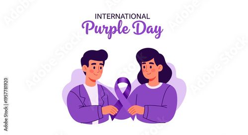Illustration of a man and woman holding a purple ribbon for International Purple Day awareness campaign with a purple theme.