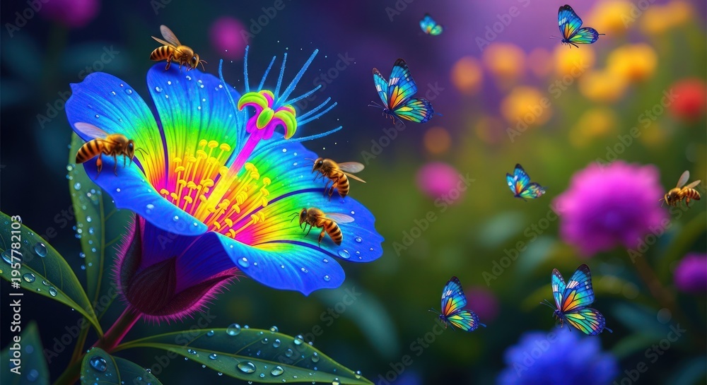 Obraz premium A vibrant flower with colorful butterflies and bees in a lush garden with water droplets on its petals
