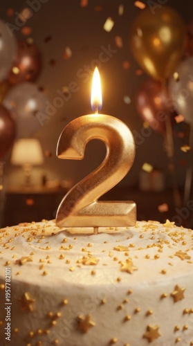 Golden number two candle radiant gold color