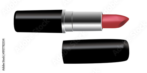 Open lipstick with black tube, silver case, and soft pink bullet tip, realistic cosmetic product isolated on white background in modern beauty vector style