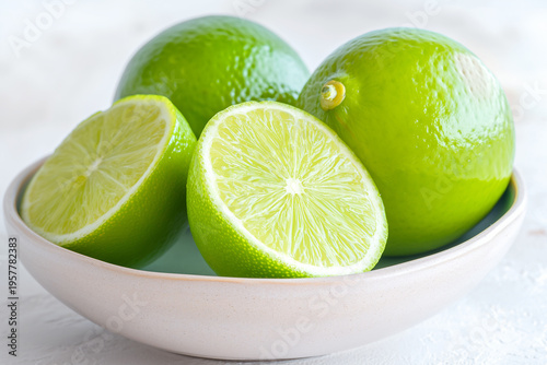 Vibrant green limes arranged in a light bowl