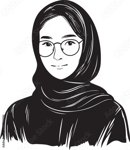 Hand Drawn Woman Wearing Hijab Black and White Avatar Illustration in Minimal Solid Art Style Design