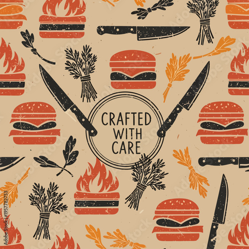 Seamless Pattern of Vintage BBQ and Burger Illustration with Knife and Fire in Retro Grunge Style on Brown Kraft Paper Background