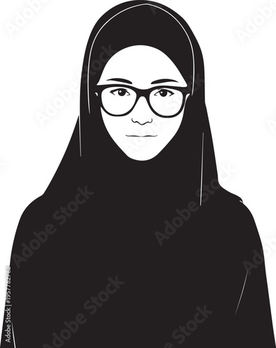 Hand Drawn Woman Wearing Hijab Black and White Avatar Illustration in Minimal Solid Art Style Design