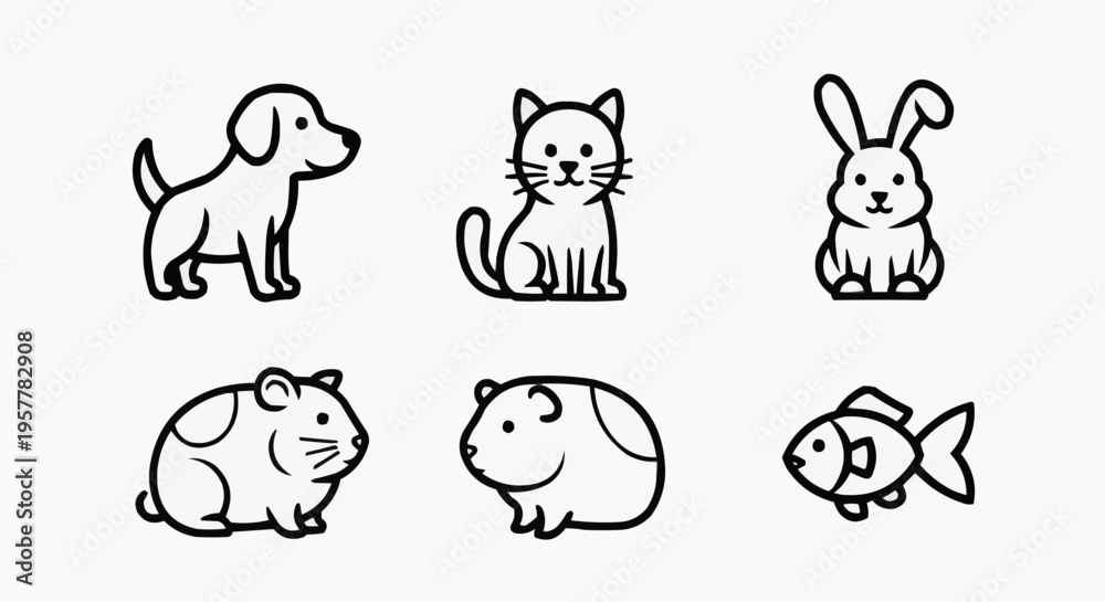 Obraz premium Diverse set of adorable pet animal illustrations in black line art style, perfect for animal-themed designs