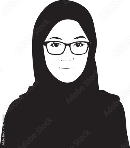 Hand Drawn Woman Wearing Hijab Black and White Avatar Illustration in Minimal Solid Art Style Design