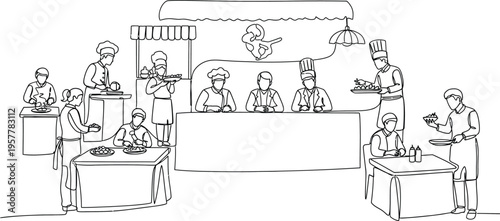 line drawing of restaurant kitchen