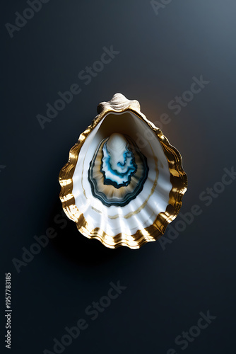 A luxurious golden seashell with a vibrant blue center on a dark background