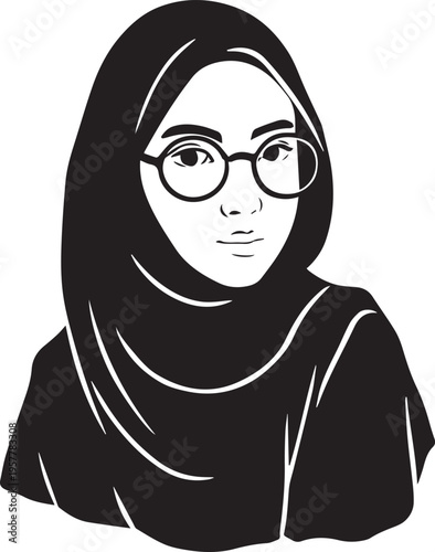 Hand Drawn Woman Wearing Hijab Black and White Avatar Illustration in Minimal Solid Art Style Design