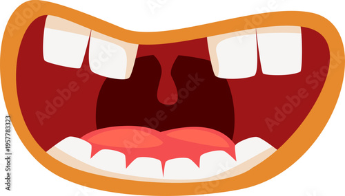 Cartoon mouth with missing teeth and wide open expression.