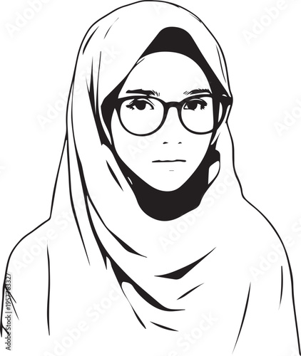 Hand Drawn Woman Wearing Hijab Black and White Avatar Illustration in Minimal Solid Art Style Design