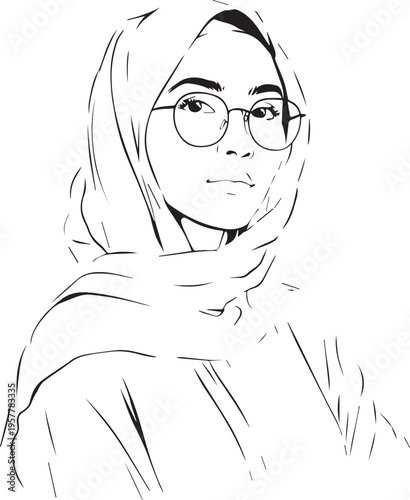Hand Drawn Woman Wearing Hijab Black and White Avatar Illustration in Minimal Solid Art Style Design